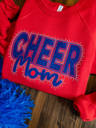 Cheer Mom Rhinestone Red Sponge Fleece Crewneck Sweatshirt