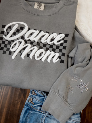 Dance Mom Puff and Rhinestone Dyed Gray Crewneck Sweatshirt