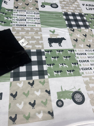 Green Farm Life Quilt Blocks Minky Blanket *Choose backing