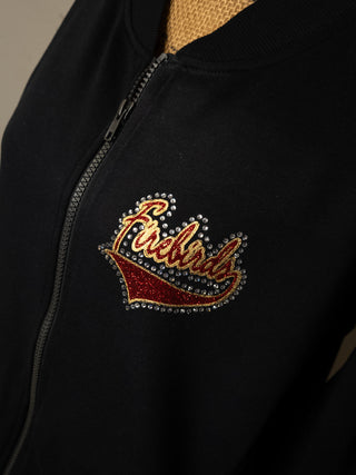 Firebirds Rhinestone Black French Terry Bomber Zip-Up