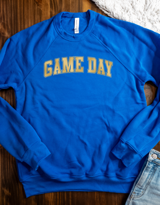 Game Day Gold Metallic Puff Print Blue Crewneck Sweatshirt