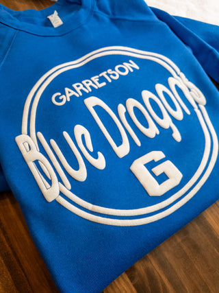 Garretson Blue Dragons White Puff Print Blue Crewneck Sweatshirt