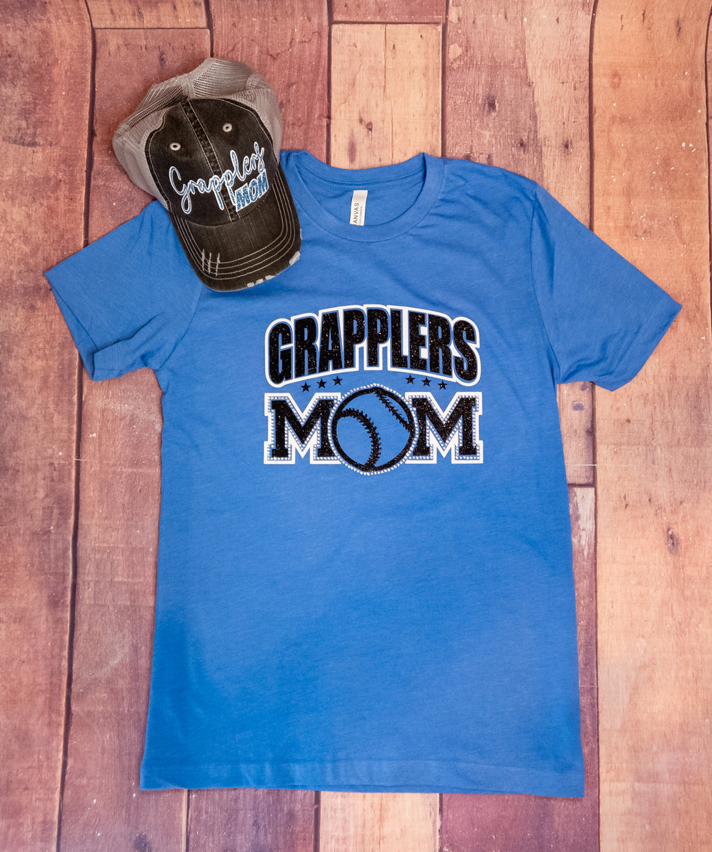 Grapplers Mom Rhinestone Tee - Heather Columbia Blue