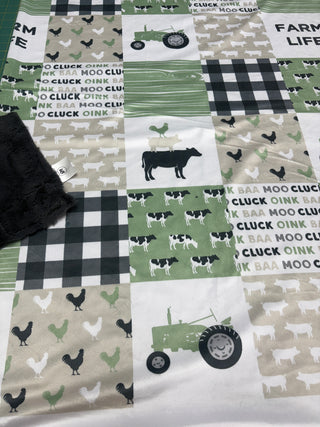 Green Farm Life Quilt Blocks Minky Blanket *Choose backing