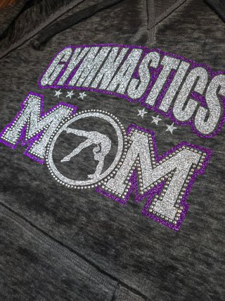 Gymnastics Mom Rhinestone Fleece Hoodie - Purple/Silver