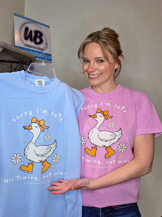 His Timing, Not Mine Silly Goose Rose Quartz Dyed Tee