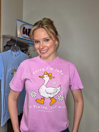 His Timing, Not Mine Silly Goose Rose Quartz Dyed Tee