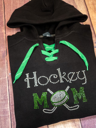Hockey Mom Rhinestone Black Lace-Up Hoodie - More Options