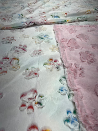 Vibrant Colorful Prism Paw Print Blanket w/ Pink Paw Print Embossed Minky-Choose Size