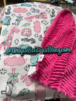 Safari Animals in Pink Minky Blanket * Ready To Ship