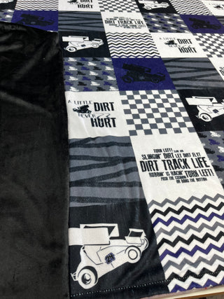 Sprint Cars & Dirt Never Hurt on Purple Quilt Blocks Minky Blanket