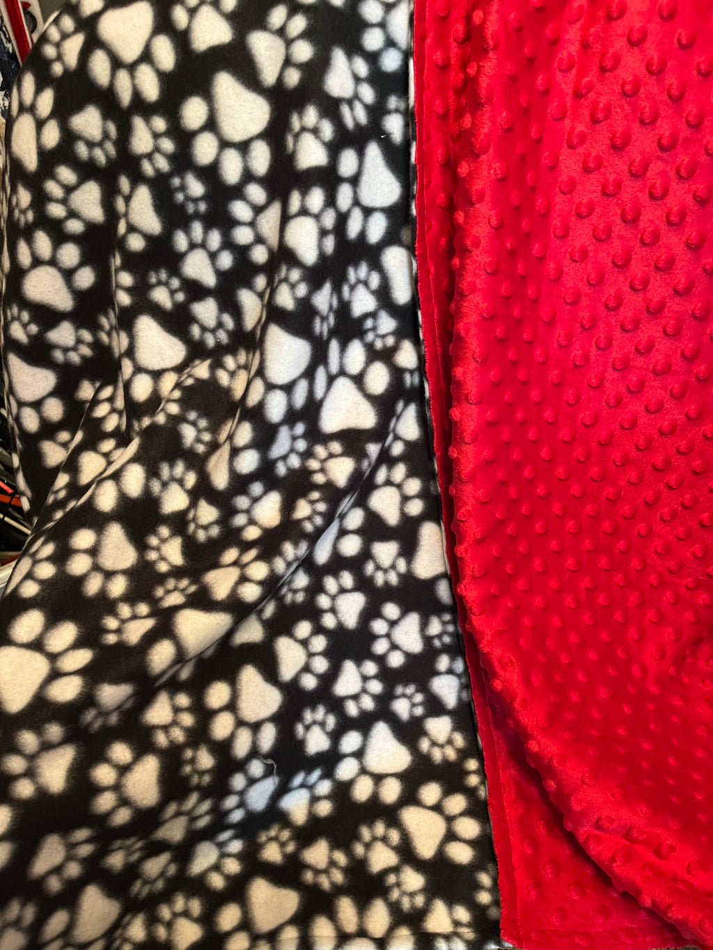 Black with White Paw Print Blanket backed with Red Dimple Dot * Ready to Ship