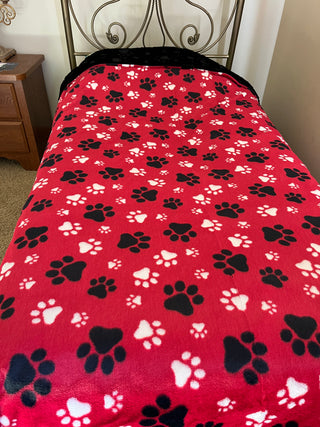 Red "PawSome" Paw Prints Blanket w/ Choice of Paw Print Embossed Minky Color - Choose Size & Pillow Covers