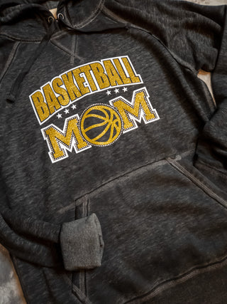 Basketball Mom Rhinestone Black Fleece Hoodie - Gold Sparkle