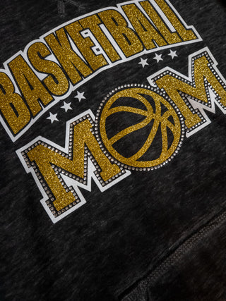 Basketball Mom Rhinestone Black Fleece Hoodie - Gold Sparkle