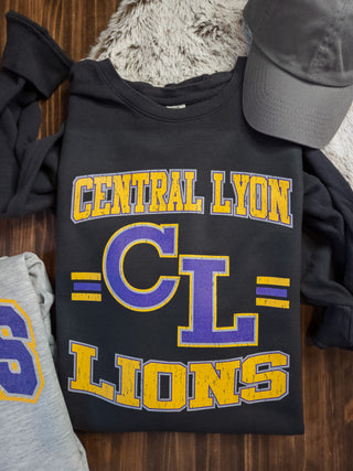 Central Lyon Lions Dyed Fleece Black Crewneck Sweatshirt