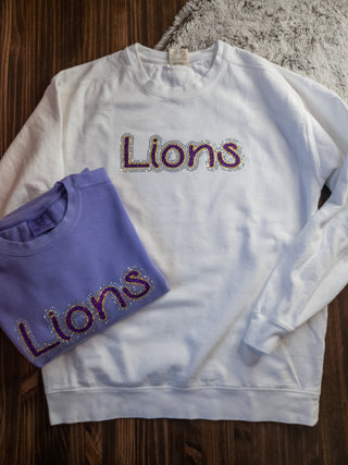 Lions Rhinestone White Dyed Crewneck Sweatshirt