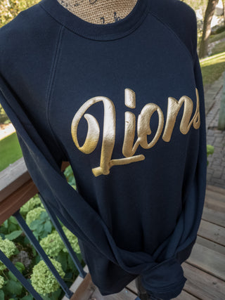 Lions Gold Puff Print Black Crewneck Sweatshirt