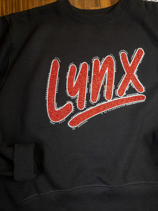 Lynx Rhinestone Black Ladies Relaxed Varsity Crewneck