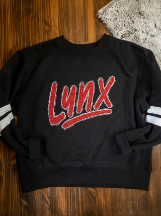 Lynx Rhinestone Black Ladies Relaxed Varsity Crewneck