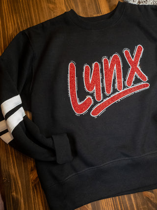 Lynx Rhinestone Black Ladies Relaxed Varsity Crewneck
