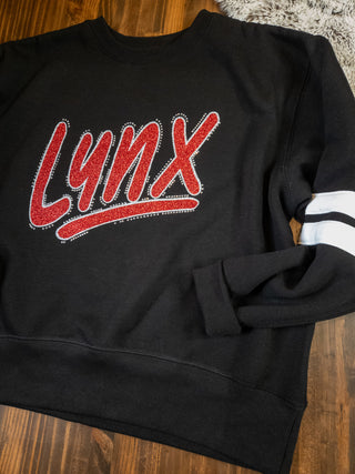 Lynx Rhinestone Black Ladies Relaxed Varsity Crewneck