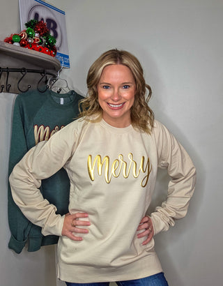 Merry Metallic Puff Ladies Ivory Crewneck