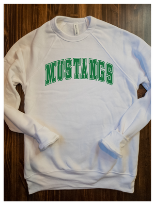 Mustangs White Raglan Crewneck Sweatshirt - Green Print