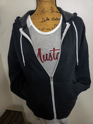 Mustangs Rhinestone Dark Gray Heather Sponge Fleece Zip-Up Hoodie