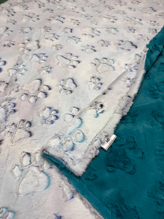 Nautical Blue Prism Paw Print Blanket w/ Teal Paw Print Embossed Minky-Choose Size