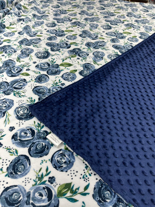 Navy Blue Floral Roses Minky Blanket *Ready To Ship