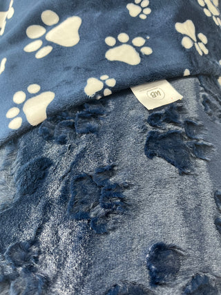 Navy Blue Paw Prints w Paw Print Embossed Minky Blanket - Ready To Ship!