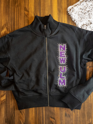 New Ulm Rhinestone Black French Terry Glam Bomber Zip-Up