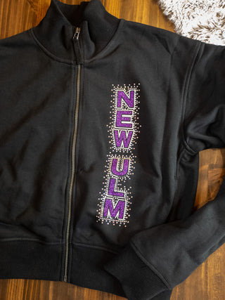 New Ulm Rhinestone Black French Terry Glam Bomber Zip-Up