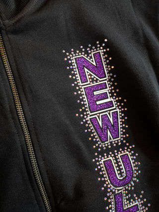 New Ulm Rhinestone Black French Terry Glam Bomber Zip-Up