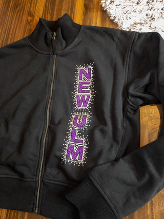 New Ulm Rhinestone Black French Terry Glam Bomber Zip-Up