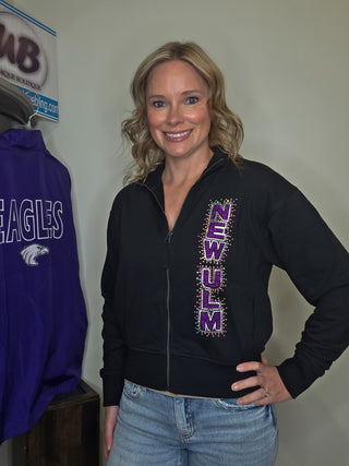 New Ulm Rhinestone Black French Terry Glam Bomber Zip-Up