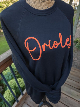 Orioles Orange Puff Print Black Crewneck Sweatshirt