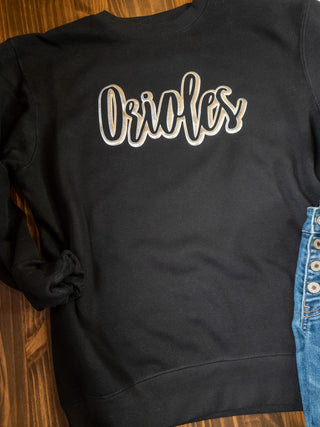 Orioles Silver Metallic Puff Black Plush Crewneck Sweatshirt