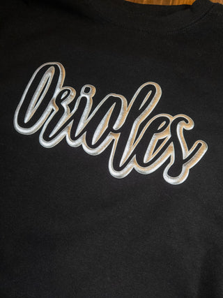 Orioles Silver Metallic Puff Black Plush Crewneck Sweatshirt