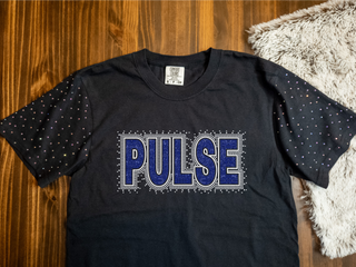 Custom Pulse Family Rhinestone Black Dyed Tee With Rhinestone Sleeves