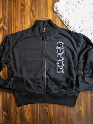 Pulse Rhinestone Black French Terry Glam Bomber Zip-Up