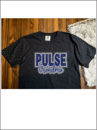 Custom Pulse Family Rhinestone Black Dyed Tee With Rhinestone Sleeves
