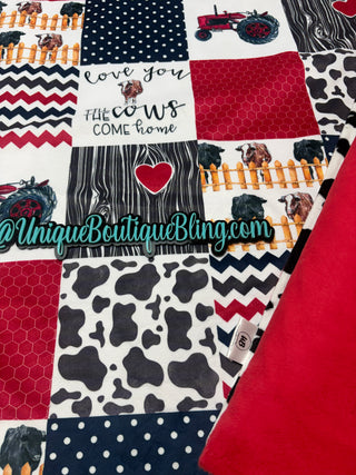 Red Farm & Cows Minky Blanket *Choose Backing & Size