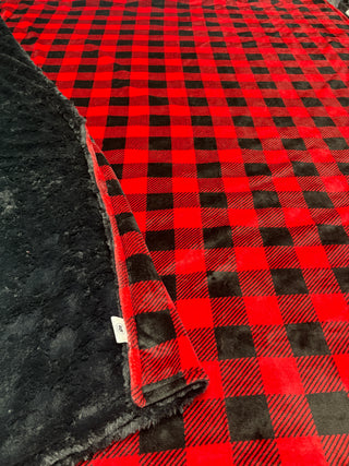 Red & Black Buffalo Plaid with Black Faux Fur XL Blanket *READY TO SHIP
