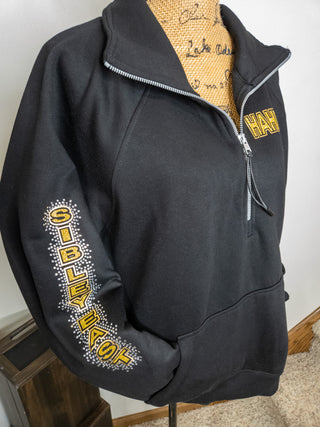 Sibley East Volleyball Mom Rhinestone Black Half Zip Pullover - Ladies Fit