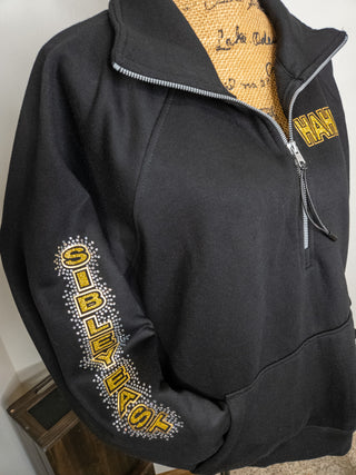 Sibley East Volleyball Mom Rhinestone Black Half Zip Pullover - Ladies Fit