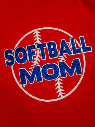 Softball Mom Red Tee - Blue Sparkle