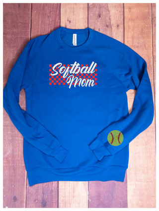 Softball Mom Puff and Rhinestone Blue Crewneck Sweatshirt