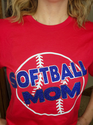 Softball Mom Red Tee - Blue Sparkle